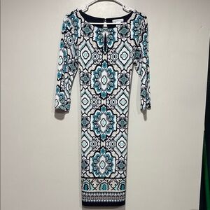 Liz Claiborne Black and Blue Patterned Long Sleeve Dress